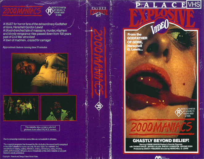 2000 MANIACS, PALACE EXPLOSIVE VIDEO, PALACE VIDEO, AUSTRALIAN, HORROR, ACTION EXPLOITATION, ACTION, HORROR, SCI-FI, MUSIC, THRILLER, SEX COMEDY,  DRAMA, SEXPLOITATION, VHS COVER, VHS COVERS, DVD COVER, DVD COVERS