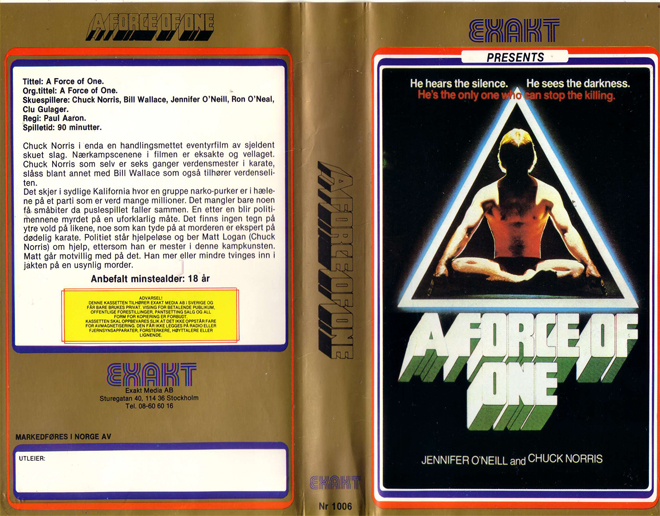 A FORCE OF ONE CHUCK NORRIS, THRILLER ACTION HORROR SCIFI, ACTION VHS COVER, HORROR VHS COVER, BLAXPLOITATION VHS COVER, HORROR VHS COVER, ACTION EXPLOITATION VHS COVER, SCI-FI VHS COVER, MUSIC VHS COVER, SEX COMEDY VHS COVER, DRAMA VHS COVER, SEXPLOITATION VHS COVER, BIG BOX VHS COVER, CLAMSHELL VHS COVER, VHS COVER, VHS COVERS, DVD COVER, DVD COVERS