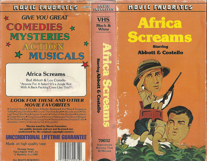 AFRICA SCREAMS STARRING ABBOTT AND COSTELLO, HORROR, ACTION EXPLOITATION, ACTION, ACTIONXPLOITATION, SCI-FI, MUSIC, THRILLER, SEX COMEDY,  DRAMA, SEXPLOITATION, VHS COVER, VHS COVERS, DVD COVER, DVD COVERS