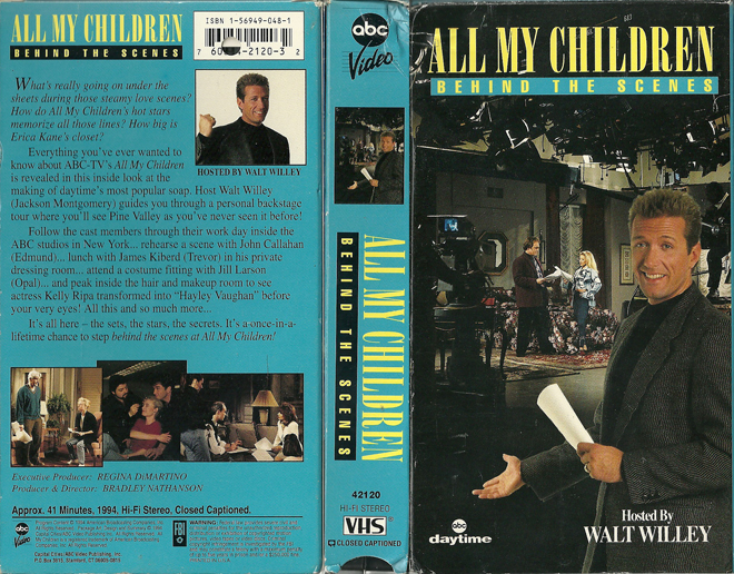 ALL MY CHILDREN - BEHIND THE SCENES VHS COVER, ACTION VHS COVER, HORROR VHS COVER, BLAXPLOITATION VHS COVER, HORROR VHS COVER, ACTION EXPLOITATION VHS COVER, SCI-FI VHS COVER, MUSIC VHS COVER, SEX COMEDY VHS COVER, DRAMA VHS COVER, SEXPLOITATION VHS COVER, BIG BOX VHS COVER, CLAMSHELL VHS COVER, VHS COVER, VHS COVERS, DVD COVER, DVD COVERS