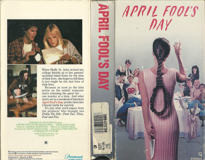 APRIL FOOLS DAY PARAMOUNT, HOME VIDEO, ACTION VHS COVER, HORROR VHS COVER, BLAXPLOITATION VHS COVER, HORROR VHS COVER, ACTION EXPLOITATION VHS COVER, SCI-FI VHS COVER, MUSIC VHS COVER, SEX COMEDY VHS COVER, DRAMA VHS COVER, SEXPLOITATION VHS COVER, BIG BOX VHS COVER, CLAMSHELL VHS COVER, VHS COVER, VHS COVERS, DVD COVER, DVD COVERS