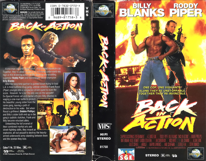 BACK IN ACTION RODDY PIPER, HORROR, ACTION EXPLOITATION, ACTION, HORROR, SCI-FI, MUSIC, THRILLER, SEX COMEDY,  DRAMA, SEXPLOITATION, VHS COVER, VHS COVERS