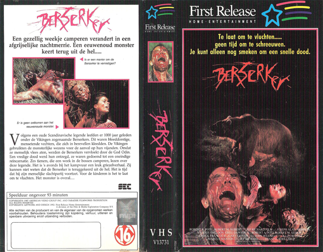 BERSERKER, FIRST RELEASE HOME ENTERTAINMENT, ACTION EXPLOITATION, ACTION, HORROR, SCI-FI, THRILLER, SEX COMEDY,  DRAMA, SEXPLOITATION, VHS COVER, VHS COVERS, DVD COVER, DVD COVERS