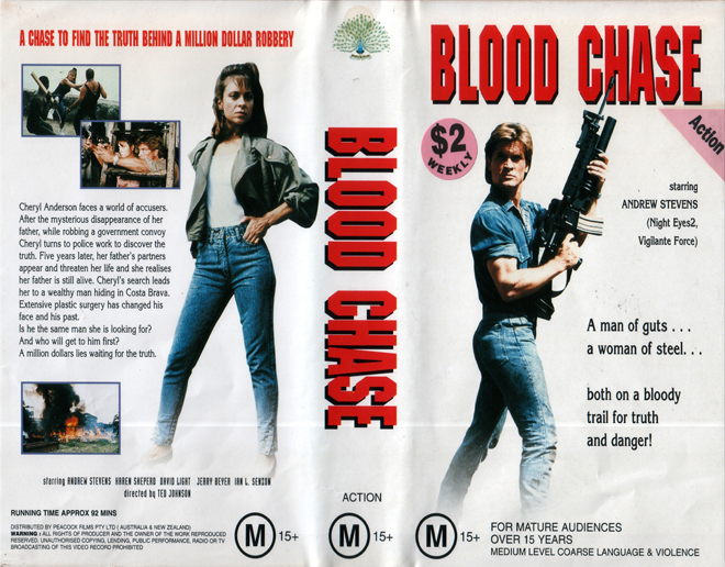 BLOOD CHASE, ACTION VHS COVER, HORROR VHS COVER, BLAXPLOITATION VHS COVER, HORROR VHS COVER, ACTION EXPLOITATION VHS COVER, SCI-FI VHS COVER, MUSIC VHS COVER, SEX COMEDY VHS COVER, DRAMA VHS COVER, SEXPLOITATION VHS COVER, BIG BOX VHS COVER, CLAMSHELL VHS COVER, VHS COVER, VHS COVERS, DVD COVER, DVD COVERS
