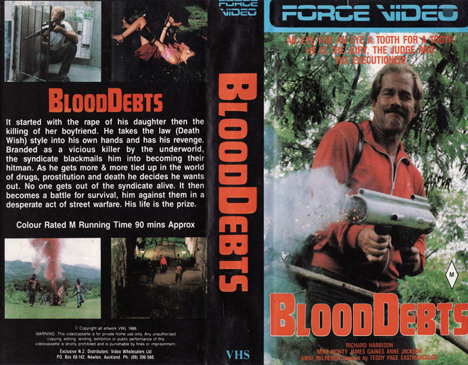 BLOOD DEBTS FORCE VIDEO, HORROR, ACTION EXPLOITATION, ACTION, HORROR, SCI-FI, MUSIC, THRILLER, SEX COMEDY, DRAMA, SEXPLOITATION, BIG BOX, CLAMSHELL, VHS COVER, VHS COVERS, DVD COVER, DVD COVERS