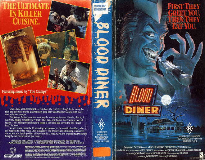 BLOOD DINER, AUSTRALIAN, HORROR, ACTION EXPLOITATION, ACTION, HORROR, SCI-FI, MUSIC, THRILLER, SEX COMEDY,  DRAMA, SEXPLOITATION, VHS COVER, VHS COVERS, DVD COVER, DVD COVERS