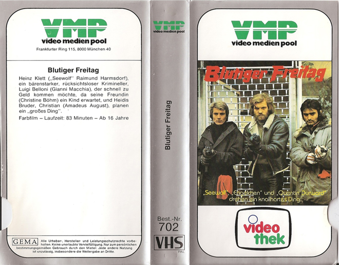BLUTIGER FREITAG, ACTION VHS COVER, HORROR VHS COVER, BLAXPLOITATION VHS COVER, HORROR VHS COVER, ACTION EXPLOITATION VHS COVER, SCI-FI VHS COVER, MUSIC VHS COVER, SEX COMEDY VHS COVER, DRAMA VHS COVER, SEXPLOITATION VHS COVER, BIG BOX VHS COVER, CLAMSHELL VHS COVER, VHS COVER, VHS COVERS, DVD COVER, DVD COVERS
