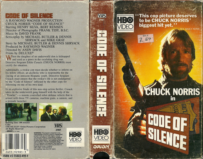 CODE OF SILENCE HBO VIDEO, ACTION VHS COVER, HORROR VHS COVER, BLAXPLOITATION VHS COVER, HORROR VHS COVER, ACTION EXPLOITATION VHS COVER, SCI-FI VHS COVER, MUSIC VHS COVER, SEX COMEDY VHS COVER, DRAMA VHS COVER, SEXPLOITATION VHS COVER, BIG BOX VHS COVER, CLAMSHELL VHS COVER, VHS COVER, VHS COVERS, DVD COVER, DVD COVERS