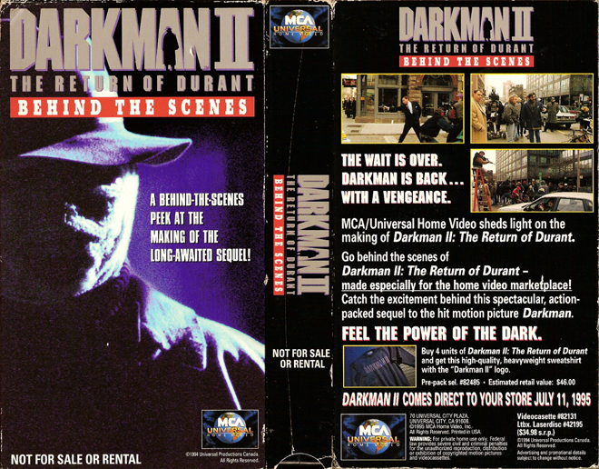 DARKMAN II THE RETURN OF DURANT BEHIND THE SCENES, HORROR VHS, ACTION EXPLOITATION VHS, ACTION VHS, HORROR, SCI-FI VHS, MUSIC VHS, THRILLER VHS, SEX COMEDY VHS, DRAMA VHS, SEXPLOITATION VHS, BIG BOX VHS, CLAMSHELL VHS, VHS COVER, VHS COVERS, DVD COVER, DVD COVERS