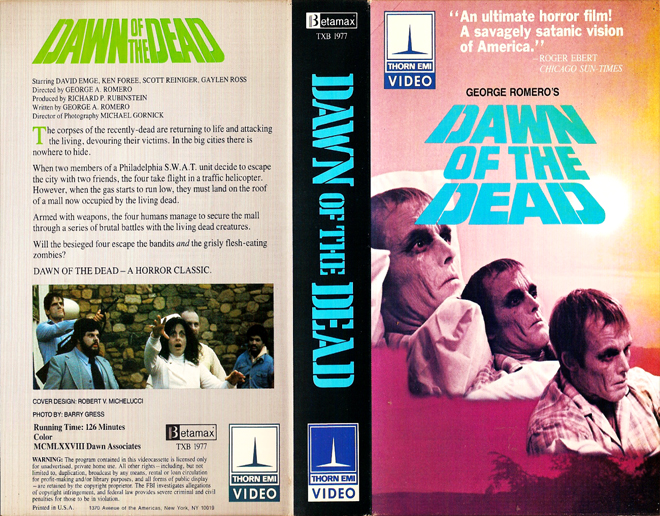 DAWN OF THE DEAD THORN EMI VIDEO VHS COVER