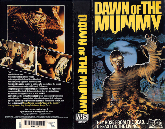 DAWN OF THE MUMMY, AUSTRALIAN, HORROR, ACTION EXPLOITATION, ACTION, HORROR, SCI-FI, MUSIC, THRILLER, SEX COMEDY,  DRAMA, SEXPLOITATION, VHS COVER, VHS COVERS, DVD COVER, DVD COVERS