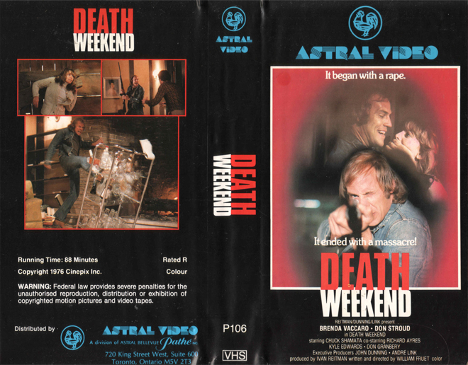DEATH WEEKEND, HORROR, ACTION EXPLOITATION, ACTION, HORROR, SCI-FI, MUSIC, THRILLER, SEX COMEDY, DRAMA, SEXPLOITATION, BIG BOX, CLAMSHELL, VHS COVER, VHS COVERS, DVD COVER, DVD COVERS