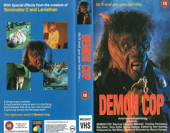 DEMON COP, ACTION VHS COVER, HORROR VHS COVER, BLAXPLOITATION VHS COVER, HORROR VHS COVER, ACTION EXPLOITATION VHS COVER, SCI-FI VHS COVER, MUSIC VHS COVER, SEX COMEDY VHS COVER, DRAMA VHS COVER, SEXPLOITATION VHS COVER, BIG BOX VHS COVER, CLAMSHELL VHS COVER, VHS COVER, VHS COVERS, DVD COVER, DVD COVERS