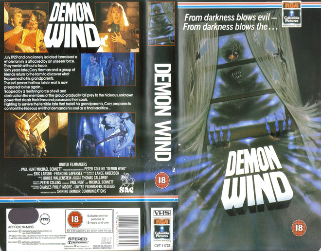 DEMON WIND RCA, ACTION VHS COVER, HORROR VHS COVER, BLAXPLOITATION VHS COVER, HORROR VHS COVER, ACTION EXPLOITATION VHS COVER, SCI-FI VHS COVER, MUSIC VHS COVER, SEX COMEDY VHS COVER, DRAMA VHS COVER, SEXPLOITATION VHS COVER, BIG BOX VHS COVER, CLAMSHELL VHS COVER, VHS COVER, VHS COVERS, DVD COVER, DVD COVERS