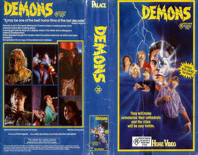 DEMONS, PALACE VIDEO, AUSTRALIAN, HORROR, ACTION EXPLOITATION, ACTION, HORROR, SCI-FI, MUSIC, THRILLER, SEX COMEDY,  DRAMA, SEXPLOITATION, VHS COVER, VHS COVERS, DVD COVER, DVD COVERS