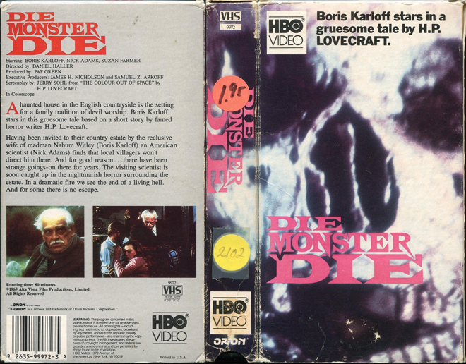 DIE MONSTER DIE, ACTION VHS COVER, HORROR VHS COVER, BLAXPLOITATION VHS COVER, HORROR VHS COVER, ACTION EXPLOITATION VHS COVER, SCI-FI VHS COVER, MUSIC VHS COVER, SEX COMEDY VHS COVER, DRAMA VHS COVER, SEXPLOITATION VHS COVER, BIG BOX VHS COVER, CLAMSHELL VHS COVER, VHS COVER, VHS COVERS, DVD COVER, DVD COVERS