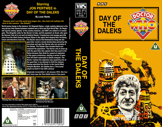 DOCTOR WHO - DAY OF THE DALEKS VHS, ACTION VHS COVER, HORROR VHS COVER, BLAXPLOITATION VHS COVER, HORROR VHS COVER, ACTION EXPLOITATION VHS COVER, SCI-FI VHS COVER, MUSIC VHS COVER, SEX COMEDY VHS COVER, DRAMA VHS COVER, SEXPLOITATION VHS COVER, BIG BOX VHS COVER, CLAMSHELL VHS COVER, VHS COVER, VHS COVERS, DVD COVER, DVD COVERS