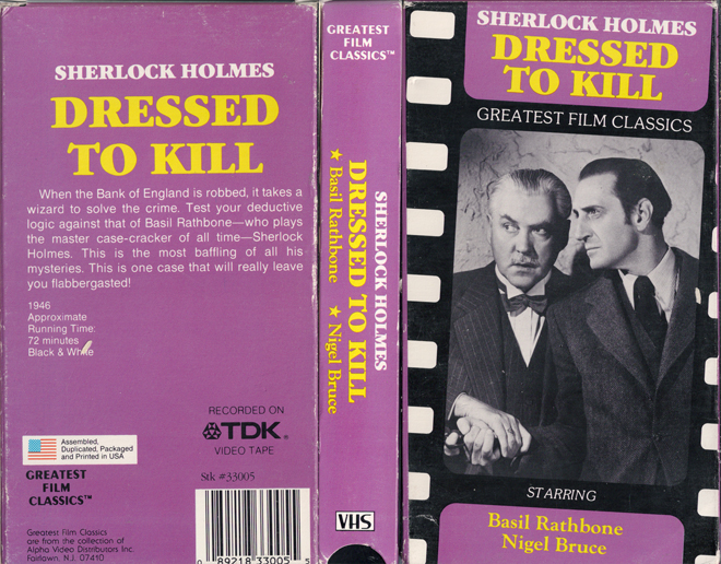DRESSED TO KILL SHERLOCK HOLMES BASIL RATHBONE NIGEL BRUCE VHS COVER, VHS COVERS