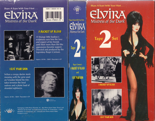 ELVIRA MISTRESS OF THE DARK : A BUCKET OF BLOOD AND I EAT YOUR SKIN VHS COVER, VHS COVERS