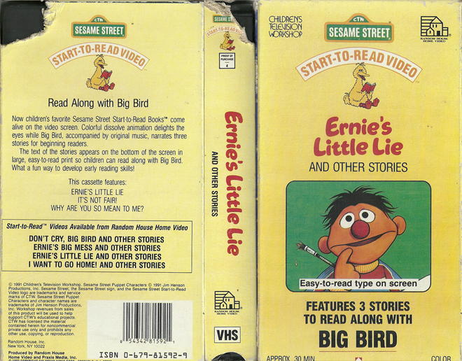 ERNIES LITTLE LIE AND OTHER STORIES SESAME STREET START TO READ VIDEO VHS COVER, VHS COVERS