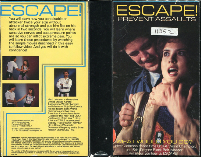 ESCAPE : PREVENT ASSAULTS, ACTION, HORROR, BLAXPLOITATION, HORROR, ACTION EXPLOITATION, SCI-FI, MUSIC, SEX COMEDY, DRAMA, SEXPLOITATION, BIG BOX, CLAMSHELL, VHS COVER, VHS COVERS, DVD COVER, DVD COVERS