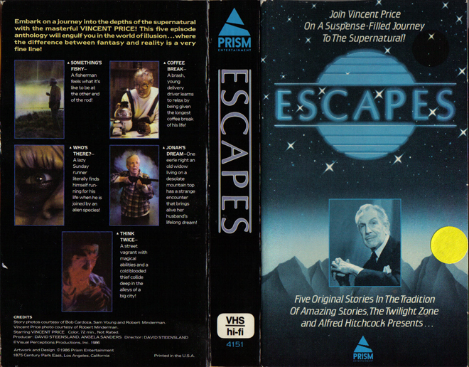 ESCAPES, VINCENT PRICE, HORROR, ACTION EXPLOITATION, ACTION, HORROR, SCI-FI, MUSIC, THRILLER, SEX COMEDY,  DRAMA, SEXPLOITATION, VHS COVER, VHS COVERS, DVD COVER, DVD COVERS