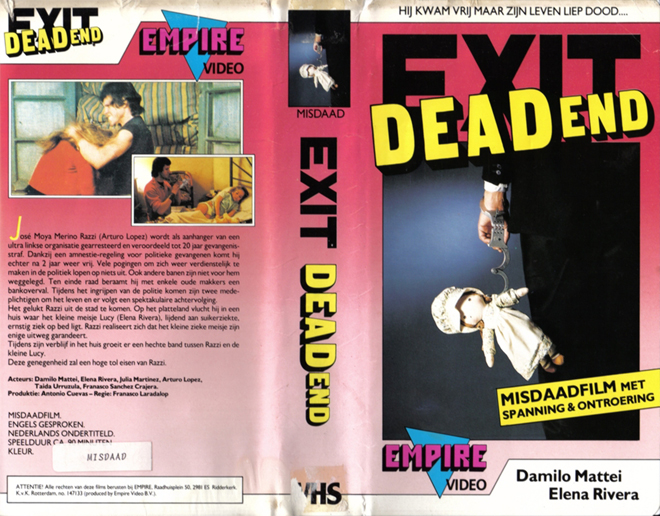 EXIT DEAD END, HORROR, ACTION EXPLOITATION, ACTION, HORROR, SCI-FI, MUSIC, THRILLER, SEX COMEDY, DRAMA, SEXPLOITATION, BIG BOX, CLAMSHELL, VHS COVER, VHS COVERS, DVD COVER, DVD COVERS