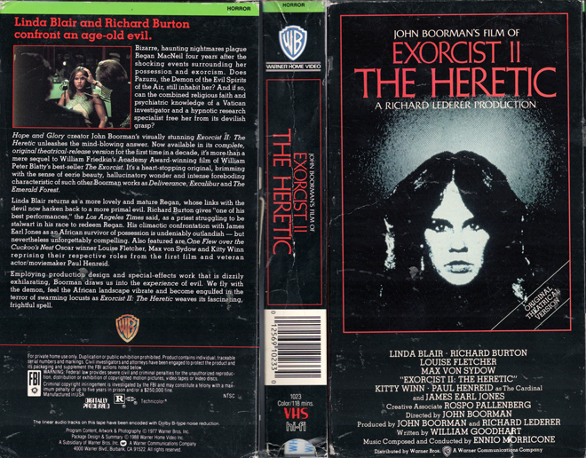 EXORCIST 2 : THE HERETIC WARNER BROTHERS VHS COVER