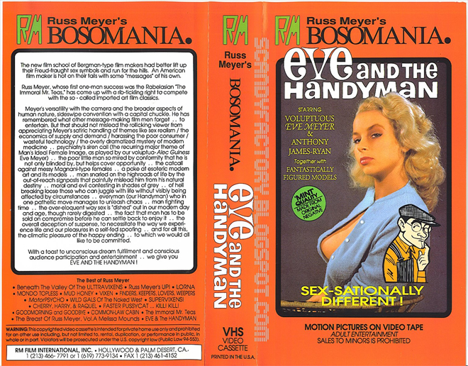 EYE AND THE HANDYMAN RUSS MEYER, HORROR, ACTION EXPLOITATION, ACTION, HORROR, SCI-FI, MUSIC, THRILLER, SEX COMEDY, DRAMA, SEXPLOITATION, BIG BOX, CLAMSHELL, VHS COVER, VHS COVERS, DVD COVER, DVD COVERS