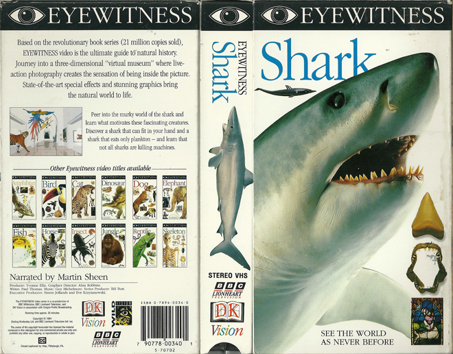 EYEWITNESS SHARK VHS, ACTION, HORROR, BLAXPLOITATION, HORROR, ACTION EXPLOITATION, SCI-FI, MUSIC, SEX COMEDY, DRAMA, SEXPLOITATION, BIG BOX, CLAMSHELL, VHS COVER, VHS COVERS, DVD COVER, DVD COVERS