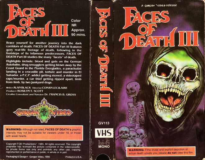 FACES OF DEATH 3 GORGON VIDEO RELEASE VHS COVER