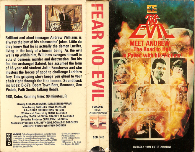 FEAR NO EVIL EMBASSY HOME ENTERTAINMENT VHS COVER