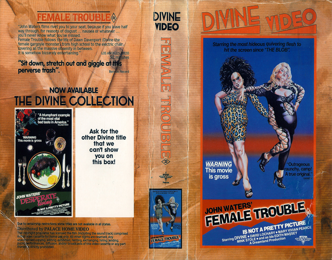 FEMALE TROUBLE, JOHN WATERS, DIVINE, AUSTRALIAN, VHS COVER, VHS COVERS
