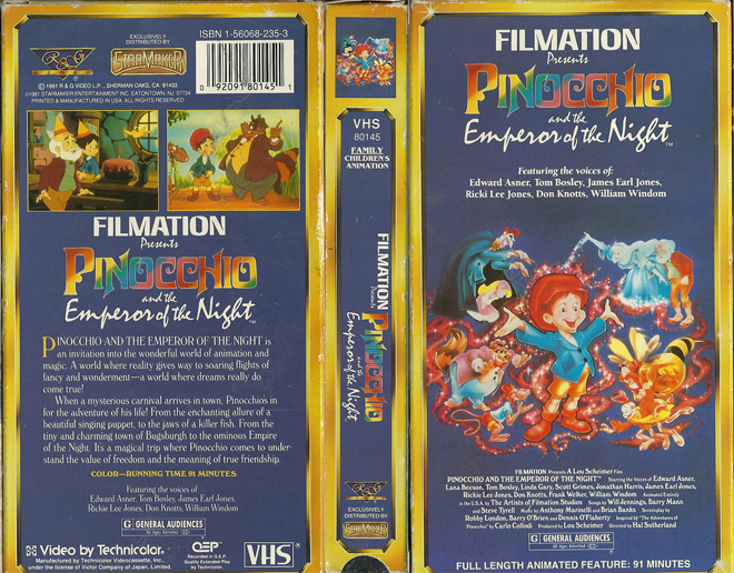 FILMATION PRESENTS PINOCCHIO AND THE EMPEROR OF THE NIGHT VHS COVER