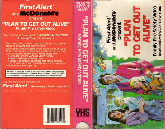 FIRST ALERT AND MCDONALDS PRESENT PLAN TO GET OUT ALIVE FAMILY FIRE SAFETY VIDEO VHS COVER