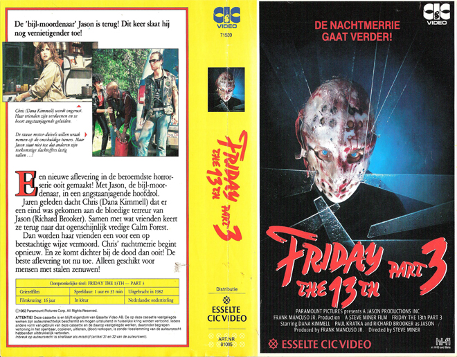 FRIDAY THE 13TH PART 3 GERMAN VHS COVER, VHS COVERS