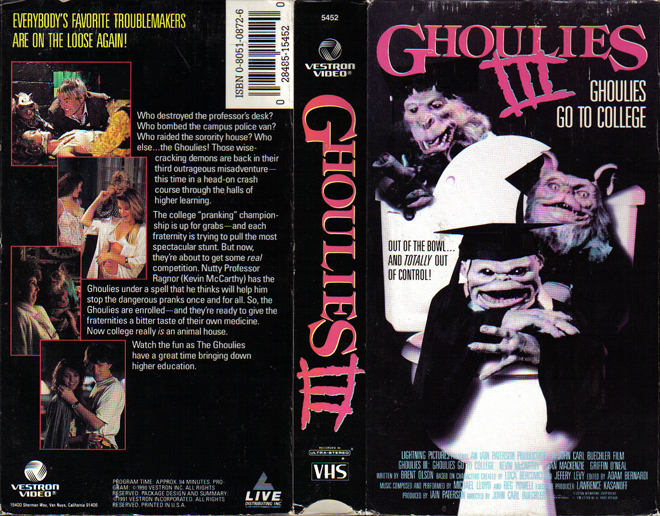 GHOULIES III GHOULIES GO TO COLLEGE, VESTRON VIDEO, VINCENT PRICE, HORROR, ACTION EXPLOITATION, ACTION, HORROR, SCI-FI, MUSIC, THRILLER, SEX COMEDY,  DRAMA, SEXPLOITATION, VHS COVER, VHS COVERS, DVD COVER, DVD COVERS