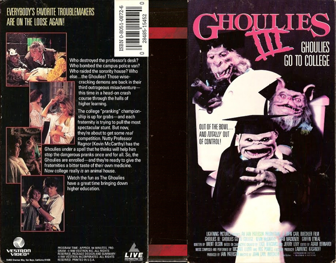 GHOULIES 3 : GHOULIES GO TO COLLEGE, BIG BOX VHS, HORROR, ACTION EXPLOITATION, ACTION, ACTIONXPLOITATION, SCI-FI, MUSIC, THRILLER, SEX COMEDY,  DRAMA, SEXPLOITATION, VHS COVER, VHS COVERS, DVD COVER, DVD COVERS