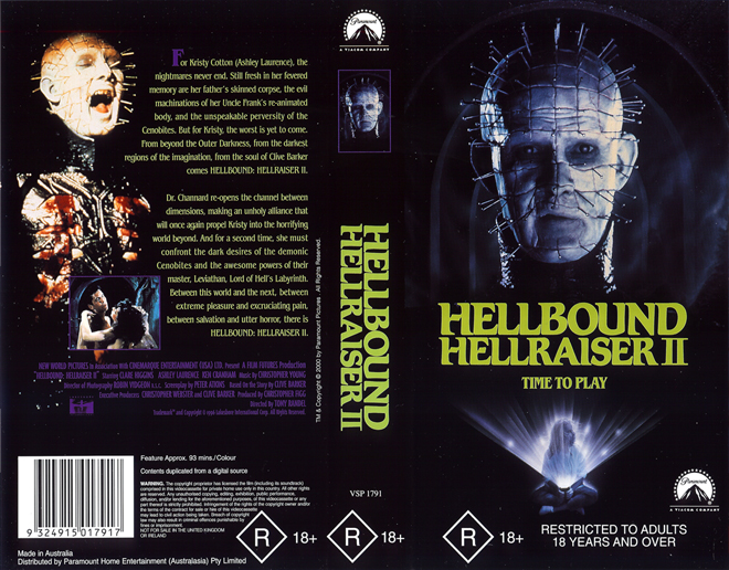 HELLRAISER-2-HELLBOUND, AUSTRALIAN, HORROR, ACTION EXPLOITATION, ACTION, HORROR, SCI-FI, MUSIC, THRILLER, SEX COMEDY,  DRAMA, SEXPLOITATION, VHS COVER, VHS COVERS, DVD COVER, DVD COVERS