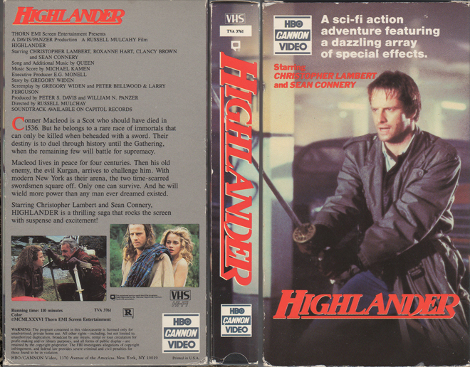 HIGHLANDER, CANNON VIDEO, VESTRON VIDEO, VHS COVER, VHS COVERS