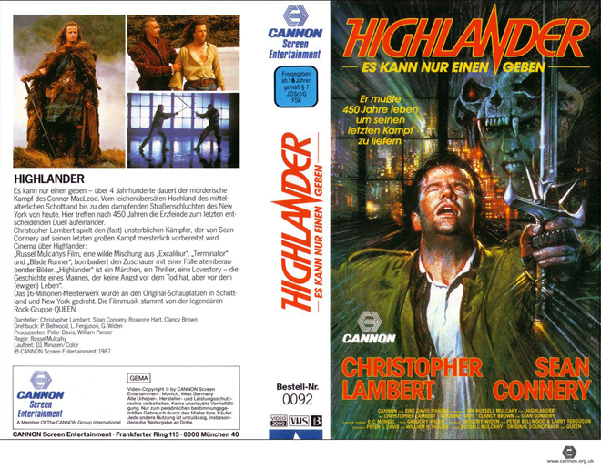 HIGHLANDER GERMANY 1986, ACTION VHS COVER, HORROR VHS COVER, BLAXPLOITATION VHS COVER, HORROR VHS COVER, ACTION EXPLOITATION VHS COVER, SCI-FI VHS COVER, MUSIC VHS COVER, SEX COMEDY VHS COVER, DRAMA VHS COVER, SEXPLOITATION VHS COVER, BIG BOX VHS COVER, CLAMSHELL VHS COVER, VHS COVER, VHS COVERS, DVD COVER, DVD COVERS