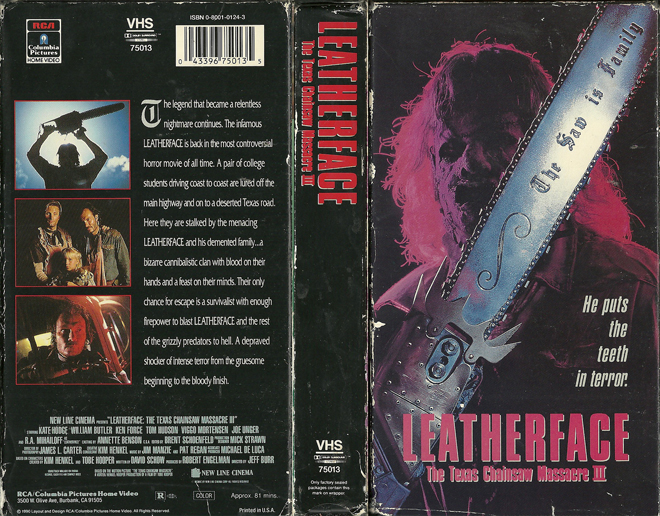 LEATHERFACE : THE TEXAS CHAINSAW MASSACRE 3 COLUMBIA PICTURES VHS COVER