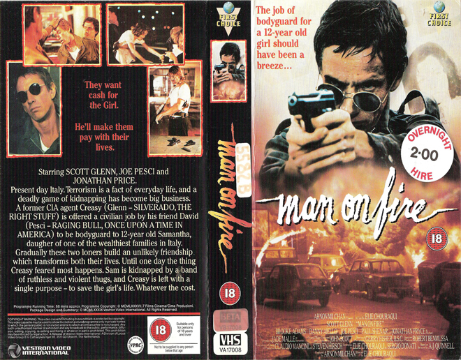 MAN ON FIRE FIRST CHOICE VIDEO VHS COVER