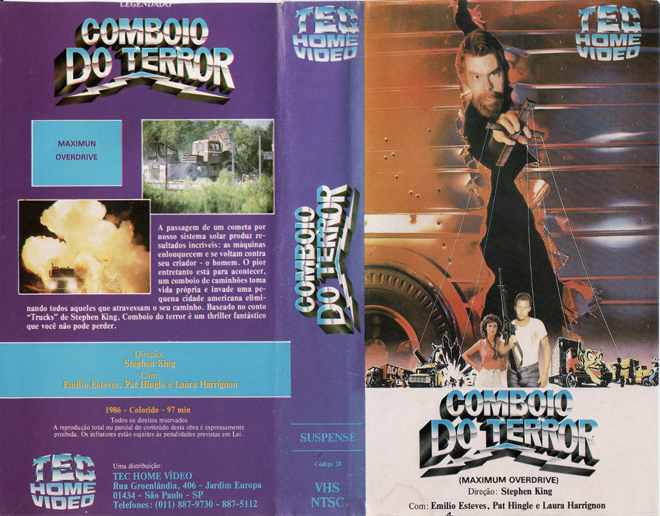 MAXIMUM OVERDRIVE BRAZIL, BRAZIL VHS, BRAZILIAN VHS, ACTION VHS COVER, HORROR VHS COVER, BLAXPLOITATION VHS COVER, HORROR VHS COVER, ACTION EXPLOITATION VHS COVER, SCI-FI VHS COVER, MUSIC VHS COVER, SEX COMEDY VHS COVER, DRAMA VHS COVER, SEXPLOITATION VHS COVER, BIG BOX VHS COVER, CLAMSHELL VHS COVER, VHS COVER, VHS COVERS, DVD COVER, DVD COVERS