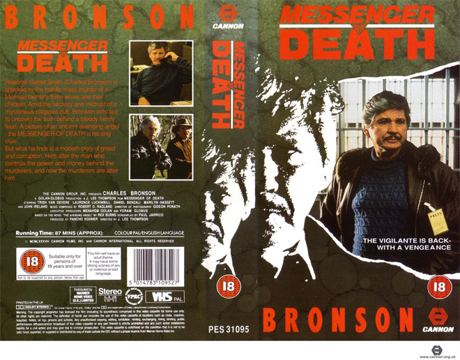MESSENGER OF DEATH CHARLES BRONSON, ACTION VHS COVER, HORROR VHS COVER, BLAXPLOITATION VHS COVER, HORROR VHS COVER, ACTION EXPLOITATION VHS COVER, SCI-FI VHS COVER, MUSIC VHS COVER, SEX COMEDY VHS COVER, DRAMA VHS COVER, SEXPLOITATION VHS COVER, BIG BOX VHS COVER, CLAMSHELL VHS COVER, VHS COVER, VHS COVERS, DVD COVER, DVD COVERS