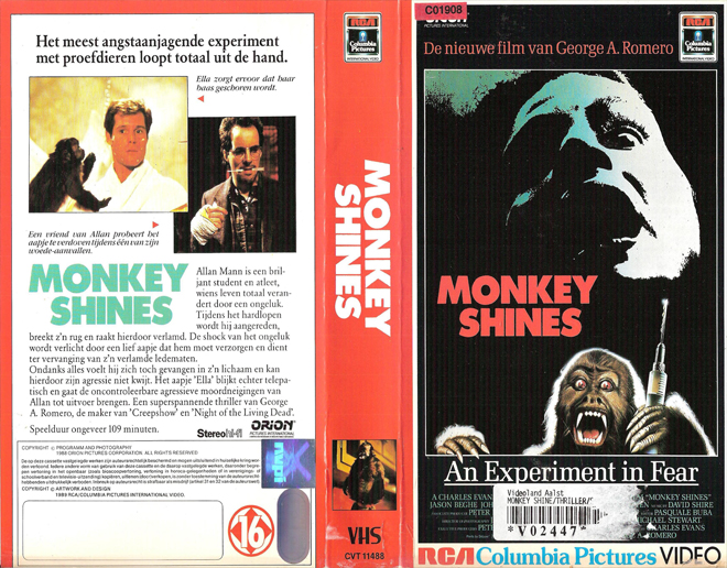 MONKEY SHINES, BIG BOX, HORROR, ACTION EXPLOITATION, ACTION, HORROR, SCI-FI, MUSIC, THRILLER, SEX COMEDY,  DRAMA, SEXPLOITATION, VHS COVER, VHS COVERS, DVD COVER, DVD COVERS