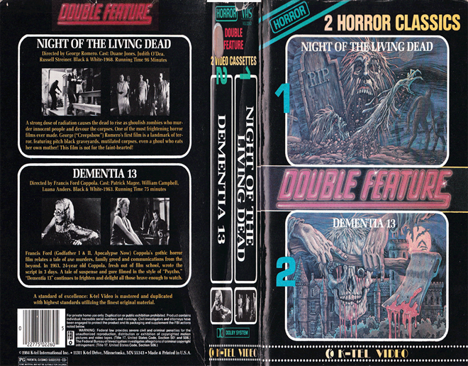 NIGHT OF THE LIVING DEAD / DEMENTIA 13 DOUBLE FEATURE VHS COVER