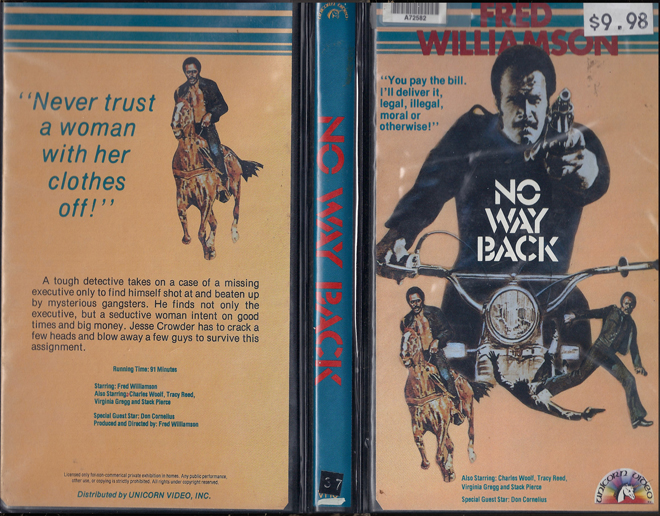 NO WAY BACK, UNICORN VIDEO, FRED WILLIAMSON, VHS COVER, VHS COVERS