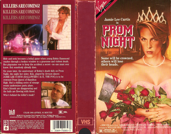 PROM NIGHT JAMIE LEE CURTIS, HORROR, ACTION EXPLOITATION, ACTION, HORROR, SCI-FI, MUSIC, THRILLER, SEX COMEDY,  DRAMA, SEXPLOITATION, VHS COVER, VHS COVERS, DVD COVER, DVD COVERS