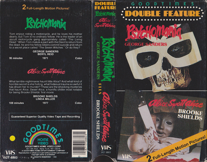 PSYCHOMANIA AND ALICE SWEET ALICE DOUBLE FEATURE, ACTION VHS COVER, HORROR VHS COVER, BLAXPLOITATION VHS COVER, HORROR VHS COVER, ACTION EXPLOITATION VHS COVER, SCI-FI VHS COVER, MUSIC VHS COVER, SEX COMEDY VHS COVER, DRAMA VHS COVER, SEXPLOITATION VHS COVER, BIG BOX VHS COVER, CLAMSHELL VHS COVER, VHS COVER, VHS COVERS, DVD COVER, DVD COVERS